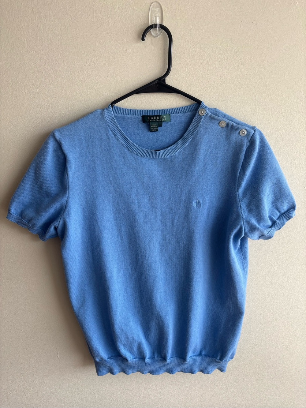 Lauren Ralph Lauren Light Blue Short Sleeve Knit Top Shoulder Buttons Size L
